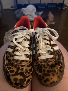 adidas Leopard Print Sneakers with White Stripes and Red Lining